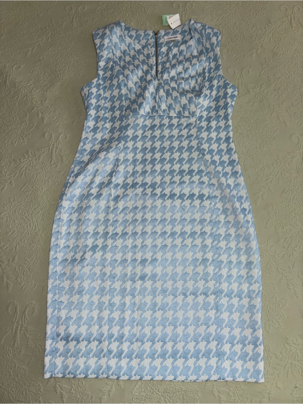 Light Blue Houndstooth Sheath Dress Calvin Klein Marlowe Fitted Knit 14 NWT - Picture 2 of 7